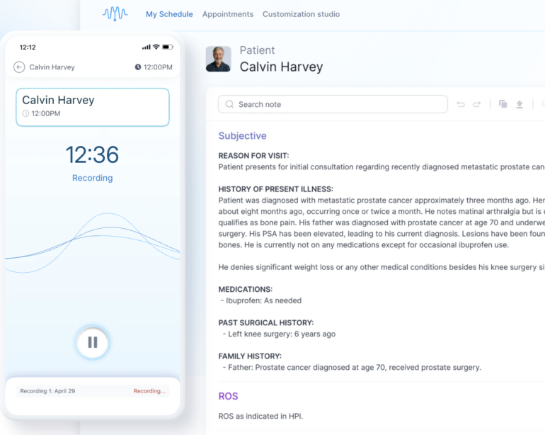 DeepScribe app showing voice recording and AI-generated clinical notes for patient consultation.